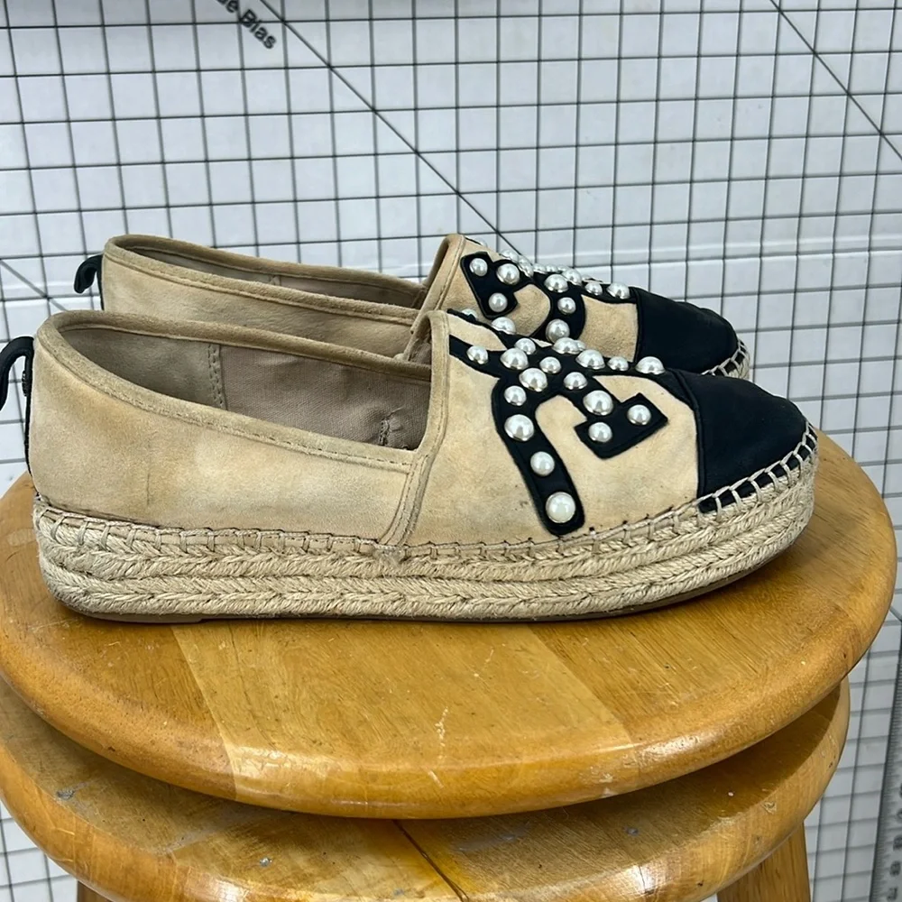 Sam Edelman Celton Leather Espadrille Pearl Beaded Logo Platform loafer shoe 8.5